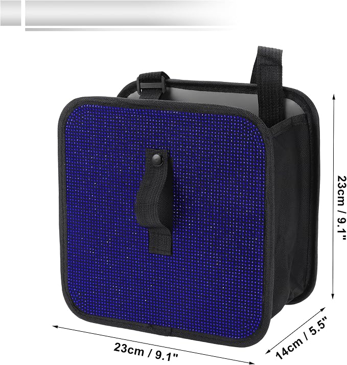 1 Pcs Universal Car Trash Can Hanging 9.1" Length 5.5" Width 9.1" Height Trash Bin Blue Black Fabric Rhinestone