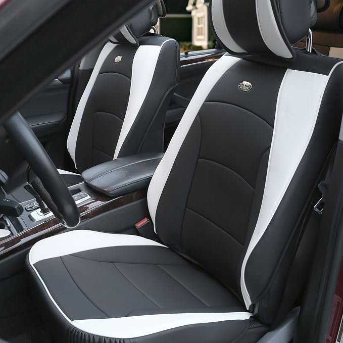 FH Group Ultra Comfort Highest Grade Faux Leather Full Set Cushion Pads Car Seat Covers for Front and Rear– Universal Fit for Cars Trucks & SUVs (White/Black)