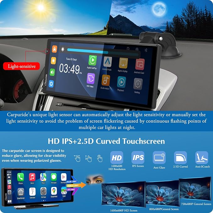 Carpuride W903 Wireless Carplay & Android Auto with Dash Cam - 9.3" HD IPS Touch Car Play Screen for Car, 4K Front & 1080P Rear Camera, Loop Recording, Bluetooth Audio, Mirror Link, GPS
