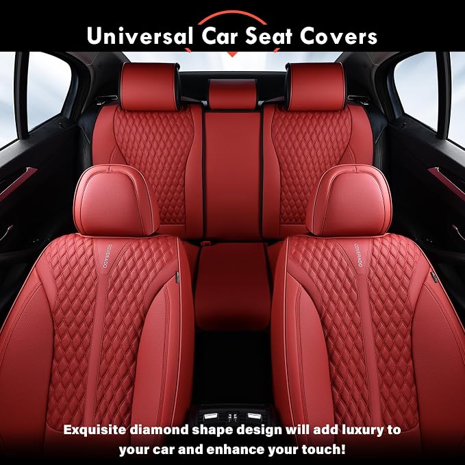 Coverado Car Seat Covers Full Set, Waterproof Nappa Leather Seat Covers for Cars, Front and Back Car Seat Protector, Luxury Car Seat Covers, 5 Seats Universal Red Car Seat Cover Fit for Most Cars