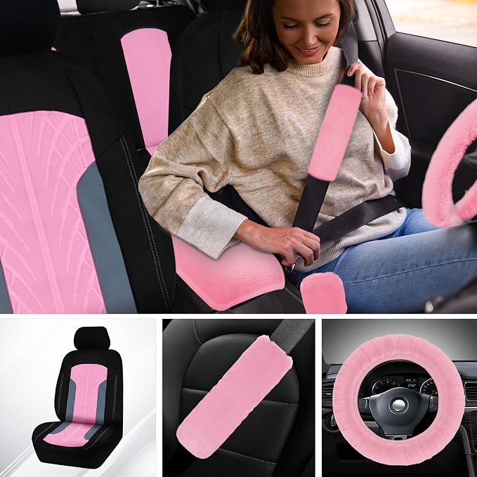 Car Seat Cover Full Set for Women with Floor Mats,3D Air Mesh Car Seat Cover with 5mm Composite Sponge Inside,Universal Fluffy Steering Wheel Cover, Accessories Full (Pink)