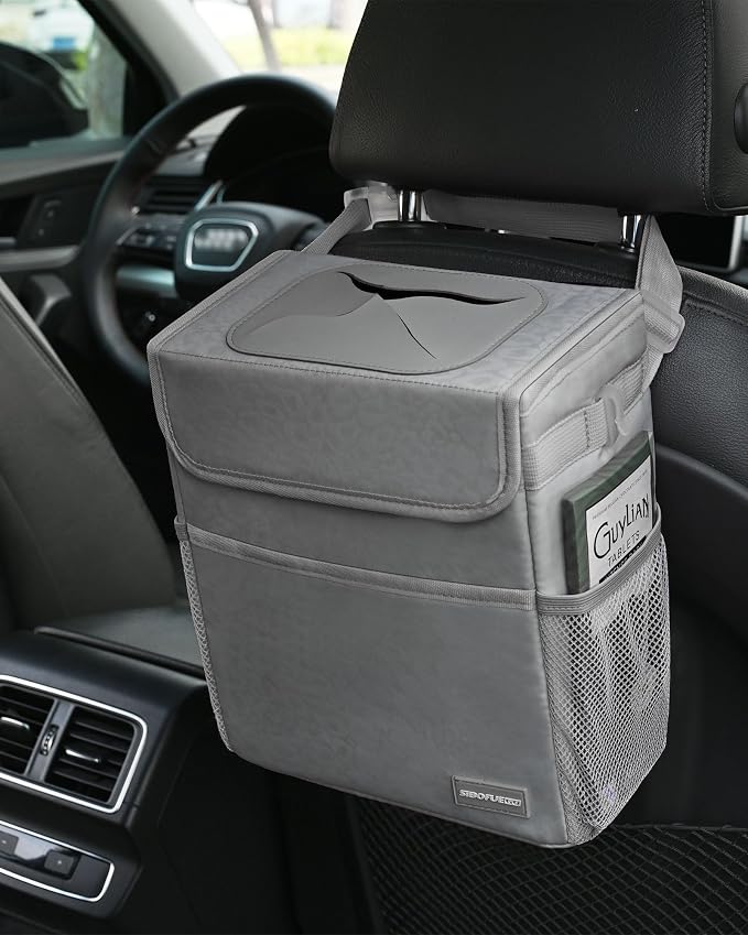 SIBOFUEGO Car Trash Can Cute - Car Accessory for Garbage and Storage, Adjustable and Collapsible Car Garbage Can, Waterproof and 100% Leak-Proof Car Trash Bin with Lid, 2 Gallons (Leopard-Print Gray)
