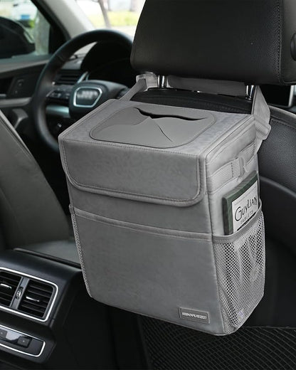 SIBOFUEGO Car Trash Can Cute - Car Accessory for Garbage and Storage, Adjustable and Collapsible Car Garbage Can, Waterproof and 100% Leak-Proof Car Trash Bin with Lid, 2 Gallons (Leopard-Print Gray)