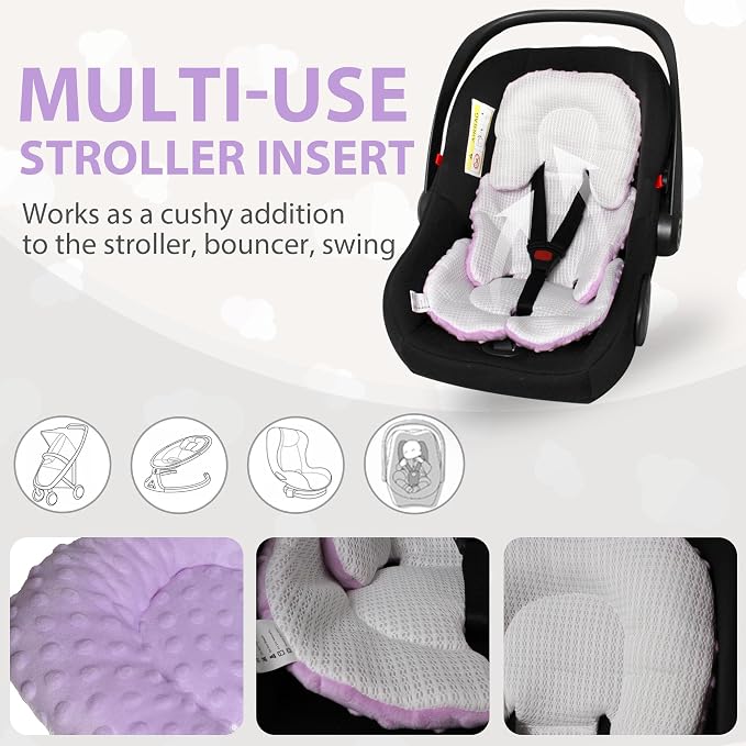 Infant Carseat Insert, 2-in-1 Reversible Baby Car Seat Cushion for Newborn Toddler Head & Body Support Car Seat Pad for Carseats, Strollers, Swings, Bouncers(Purple)