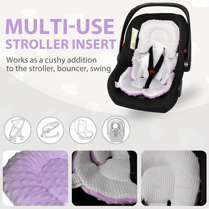 Infant Carseat Insert, 2-in-1 Reversible Baby Car Seat Cushion for Newborn Toddler Head & Body Support Car Seat Pad for Carseats, Strollers, Swings, Bouncers(Purple)