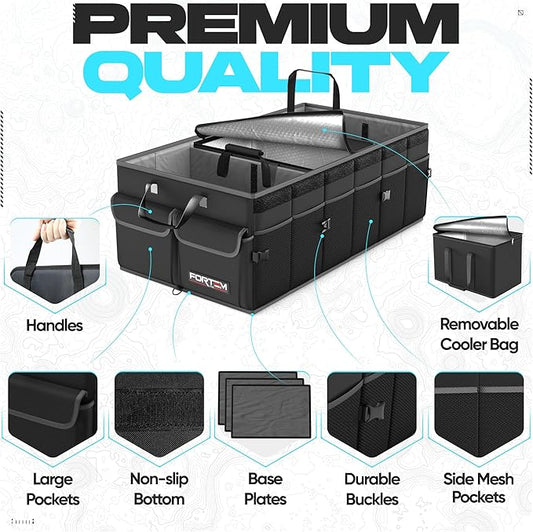 FORTEM Trunk Organizer with Cooler For SUV Car Trunk, Foldable Storage, Car Accessories for Women Men, Collapsible Bag, 600D Oxford, Non Slip Bottom, Straps, Soft Cover (105L)