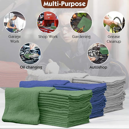 Nabob Wipers Auto Mechanic Shop Towels 25 Pack Bulk Shop Rags 100% Cotton Size 14"x14" Commercial Grade (25 Pack, Green)