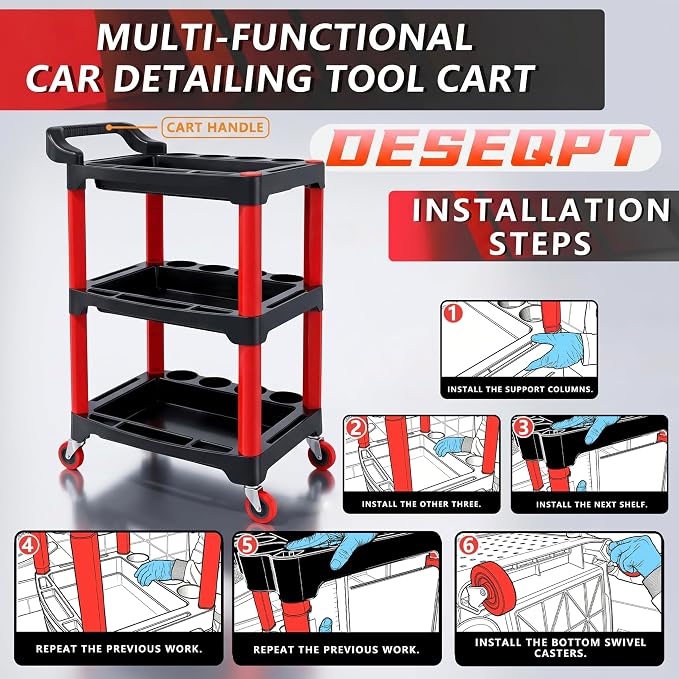Auto Detailing Cart with Wheels, 3 Tier Rolling Detail Cart, Car Wash Organizer for Detailers Garage, Workshop, Repair Shop, Storage Tool