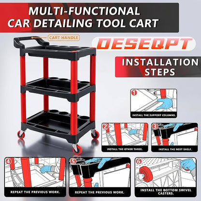 Auto Detailing Cart with Wheels, 3 Tier Rolling Detail Cart, Car Wash Organizer for Detailers Garage, Workshop, Repair Shop, Storage Tool