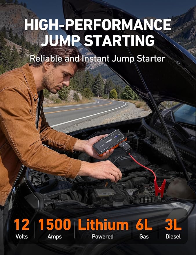 AstroAI S8 Car Battery Jump Starter 1500A – Portable 12V Lithium Jump Box with 3 Mode Flashlight, Power Bank & Smart Jumper Cables - for 6.0L Gas and 3.0L Diesel Engines