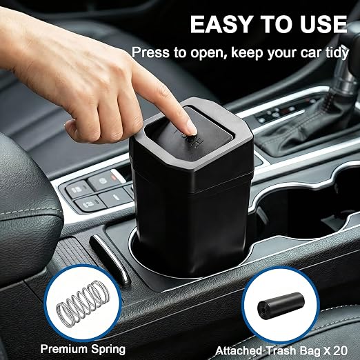 Car Trash Can, Mini Car Garbage Can with Lid, Leakproof Small Cup Holder Trash Can for Car with 60 Trash Bags, Vehicle SUV Truck Organizers and Storage for Home, Office, Black