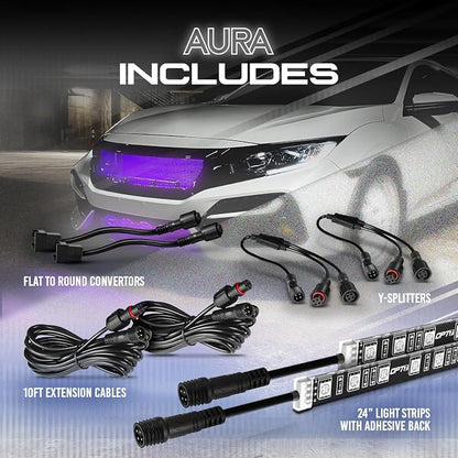 OPT7 Aura Single Row Expansion Pack - 2pc 24” RGB Multicolor LED Strips w/Splitters and Extension Wires for Interior, Wheel, Grille, Engine Bay, Golf Cart, Boat, Car, Truck, Van, SUV Decor Lighting