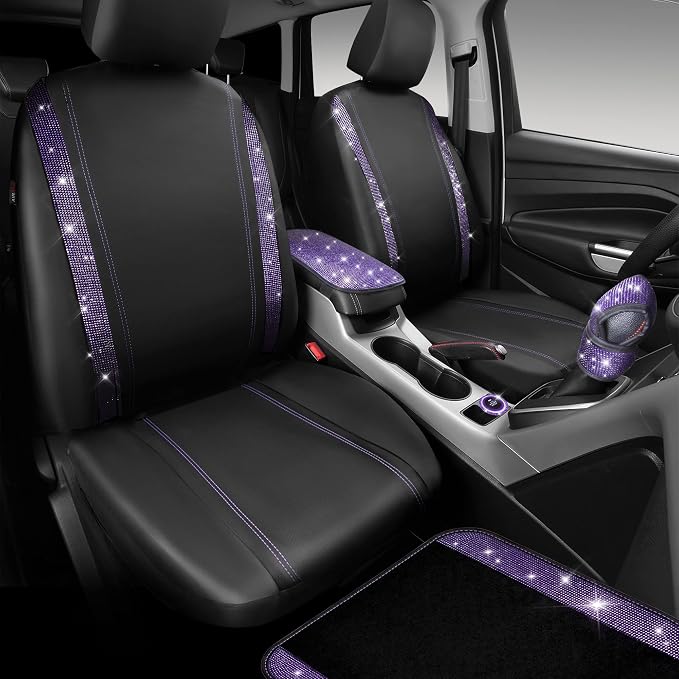 CAR PASS Bling Rhinestone Diamonds Car Seat Covers Leather Shining Rhinestone Car Floor mats Carpet with Anti-Slip Nibs Sparkly Car Accessories Sets Women Glitter Crystal Combo Set Violet Purple