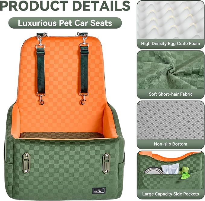 PETSFIT Dog Car Seat for Small/Medium Dogs Up to 35 lbs – Patented Safety System, 5" Memory Foam Pet Car Seat, Fully Detachable and Washable Cover, Front/Back Seat Travel Booster (Green & Orange)
