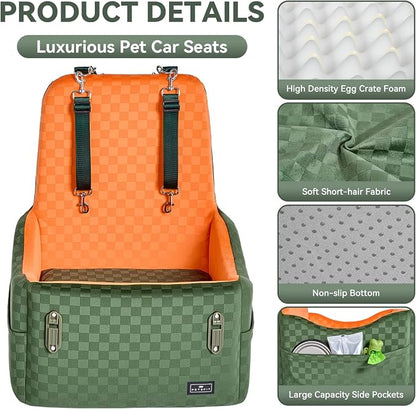PETSFIT Dog Car Seat for Small/Medium Dogs Up to 35 lbs – Patented Safety System, 5" Memory Foam Pet Car Seat, Fully Detachable and Washable Cover, Front/Back Seat Travel Booster (Green & Orange)