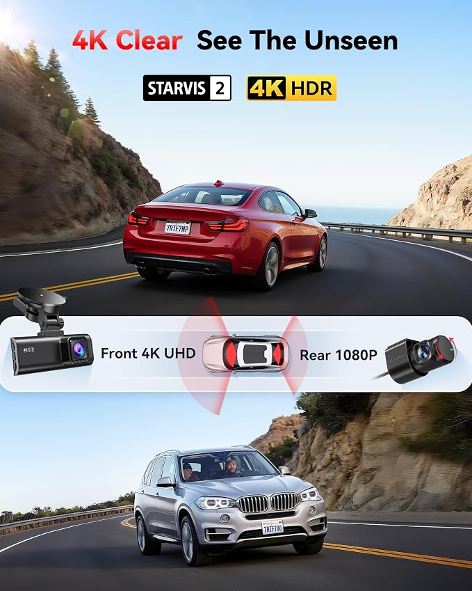 REDTIGER 4K Dash Cam Front Rear, STARVIS 2 Sensor, Free Card Included, 5.8GHz WiFi-20MB/s Fast Download, Dash Camera for Cars with GPS, WDR Night Vision, 170°Wide Angle, 24H Parking Mode(F7NP)