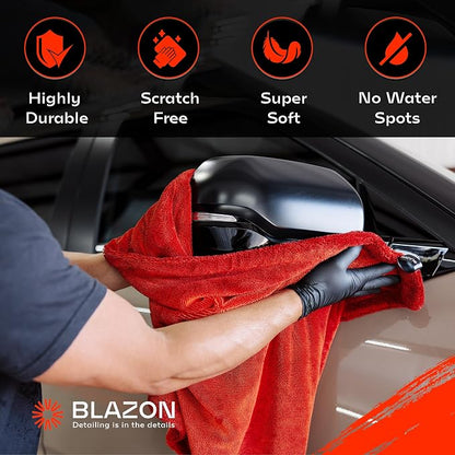 BLAZON Redline XL Car Drying Towel - Ultra Premium 1300 GSM Microfiber Drying Towel - Max Absorption, Streak-Free Finish, Super Soft Twisted Loop Design - Dries Full Vehicle - Extra Large 2 x 3 ft