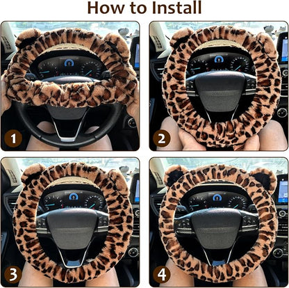 Accmor Fluffy Car Steering Wheel Cover, Leopard Fuzzy Vehicle Wheel Cover for Women Non-Slip Furry Warm Steering Wheel Protector with Cute Ears, Car Accessories 15 inch Universal Fit Auto, Suvs, Truck