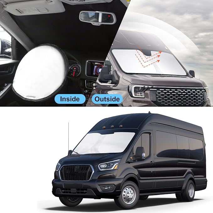 TINGLU Sun Shade for Ford Transit 2015-2024 2025 2026 Accessories Windshield Sun Shade Window Shade UV Rays Protection Sun Visor Cover with Steering Wheel Sunshade Storage Bag