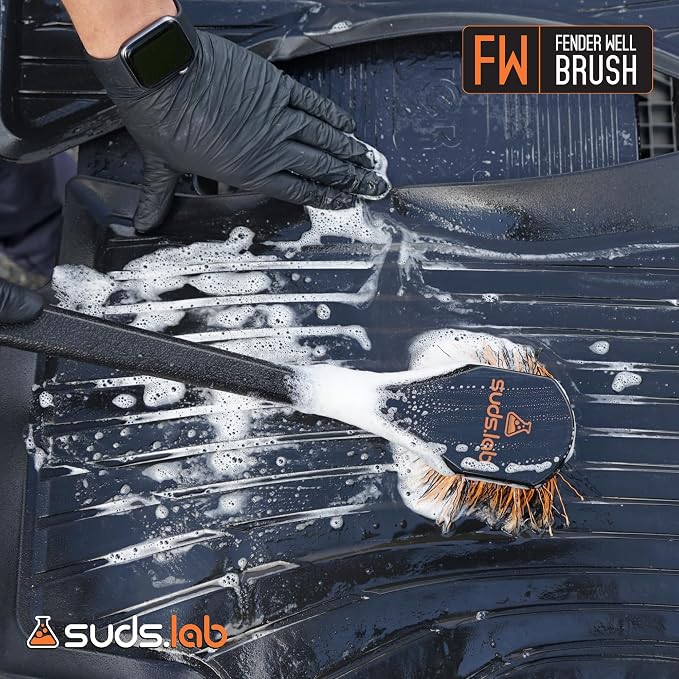 Suds Lab FW Fender Well Brush, Car Wash Brush, Long Handle Tire Cleaner for Car Detailing, 18 Inch, Soft Bristles, Non-Slip Grip, Black