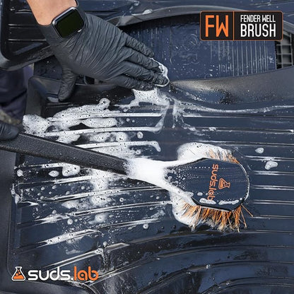 Suds Lab FW Fender Well Brush, Car Wash Brush, Long Handle Tire Cleaner for Car Detailing, 18 Inch, Soft Bristles, Non-Slip Grip, Black