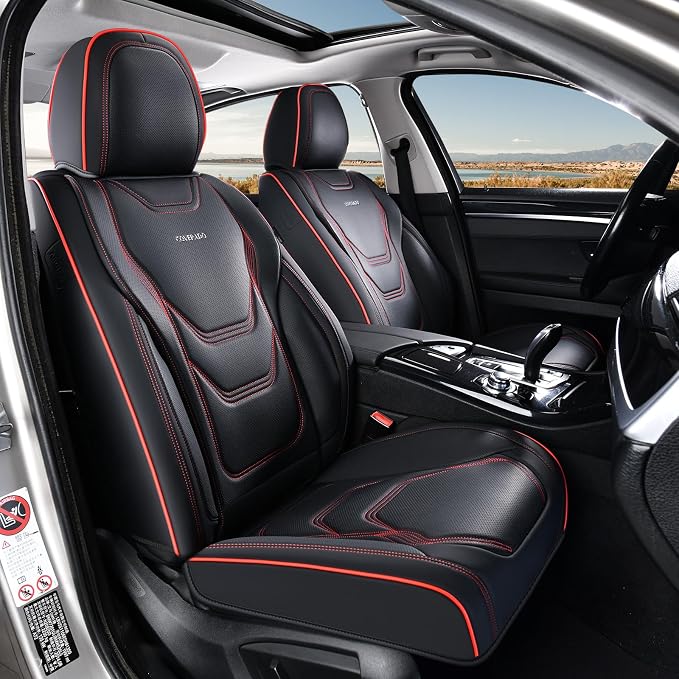 Coverado Car Seat Covers Front Seats, 2 Piece Car Seat Protector Waterproof Leather Seat Cushion Universal Fit for Truck Automotive Vehicles Black&Red