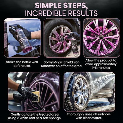 Magic Shield Iron Remover Spray for Cars 16oz - pH-Neutral Iron and Fallout Remover for Car, Motorcycle, RV & Boat | 5-Minute Reaction, Effective on Wheels & Paint | All-In-One Solution