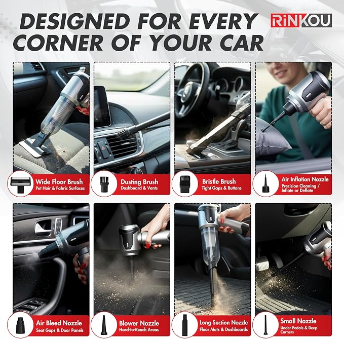 Car Vacuum Portable Cordless Handheld Cleaner, Mini Vacuum with 8 Attachments, Blower, Spray Lubricant & Microfiber Towels for Truck & Interior Cleaning