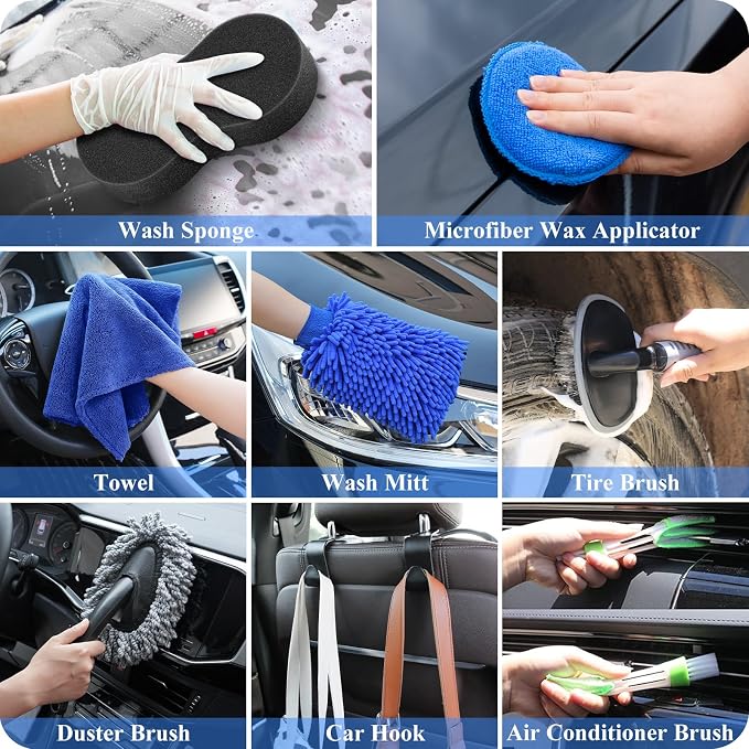 38Pcs Car Wash Detailing Kit Cleaning Kits with Foam Gun Sprayer Collapsible Bucket Drill Brush Large Wash Mitt Towels Complete Interior Exterior Car Washing Supply Set Blue