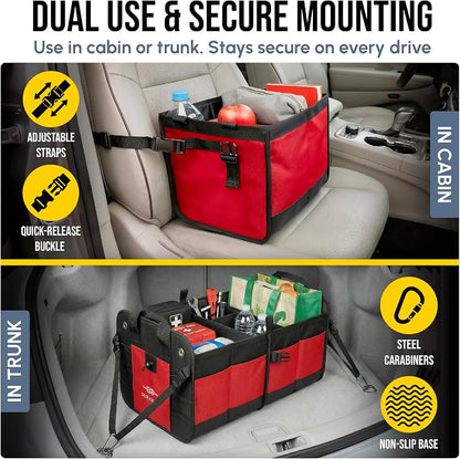 XL Trunk Organizer 4-Section Modular System – Extra Large Car Cargo Storage, Foldable Multi-Compartment Bin for Groceries, Gear & Travel – High-Density Structure – Red