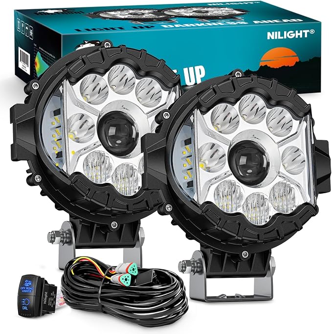 Nilight 7 Inch LED Offroad Driving Lights High Low Beam 2 PCS 80W Round White Light Side Shooter Spot Flood Fog Light Pod w/ 16 AWG DT Connector Wiring Harness Kit for Jeep Truck ATV UTV SUV