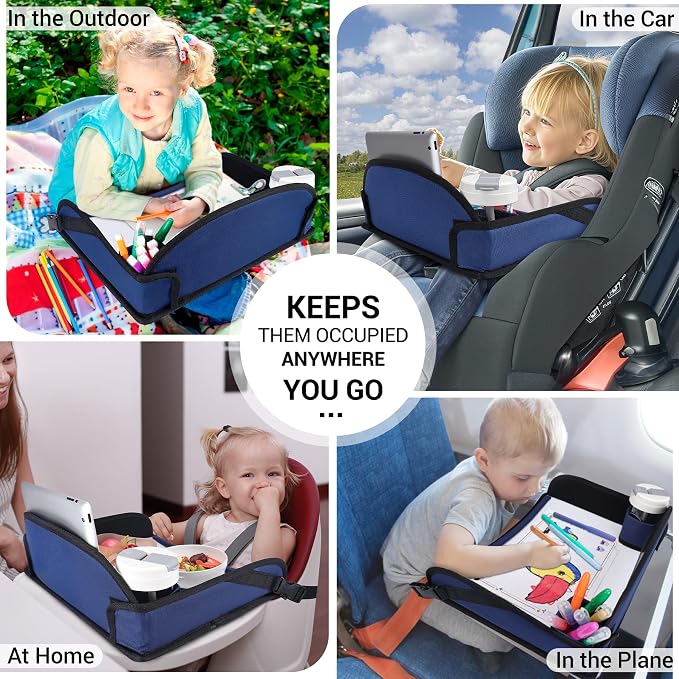 COOLBEBE Kids Travel Tray for Toddler Car Seat, Travel Tray for Airplane, Toddler Car Seat Lap Tray, Carseat Table Tray for Kids Travel Activities (Navy Blue)