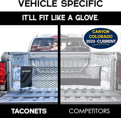 TacoNets Envelope Cargo Net for Colorado/Canyon - Fits 2023-Current - Upgraded 5mm Bungee - Integrated Storage Bag - Heavy Duty Carabiners - Designed in USA