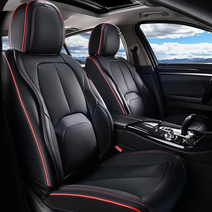 Coverado Car Seat Covers Front Seats, Waterproof Leather Seat Covers for Cars, Luxury Car Seat Covers with Lumbar Support, Car Seat Protector Driver Seat Covers Universal Fit Most Cars (Black&Red)