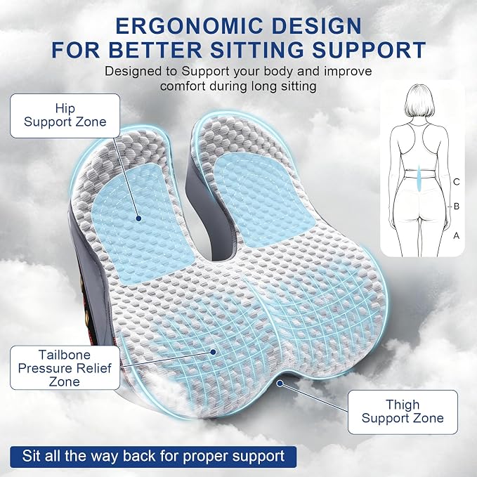 Seat Cushion for Tailbone Pain Relief, Firm Support Won't Flatten, Adds 2–3" Height, X-Large Cushion for Long Sitting, Office Chair, Car Seat & Work from Home（Grey