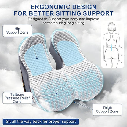 Seat Cushion for Tailbone Pain Relief, Firm Support Won't Flatten, Adds 2–3" Height, X-Large Cushion for Long Sitting, Office Chair, Car Seat & Work from Home（Grey