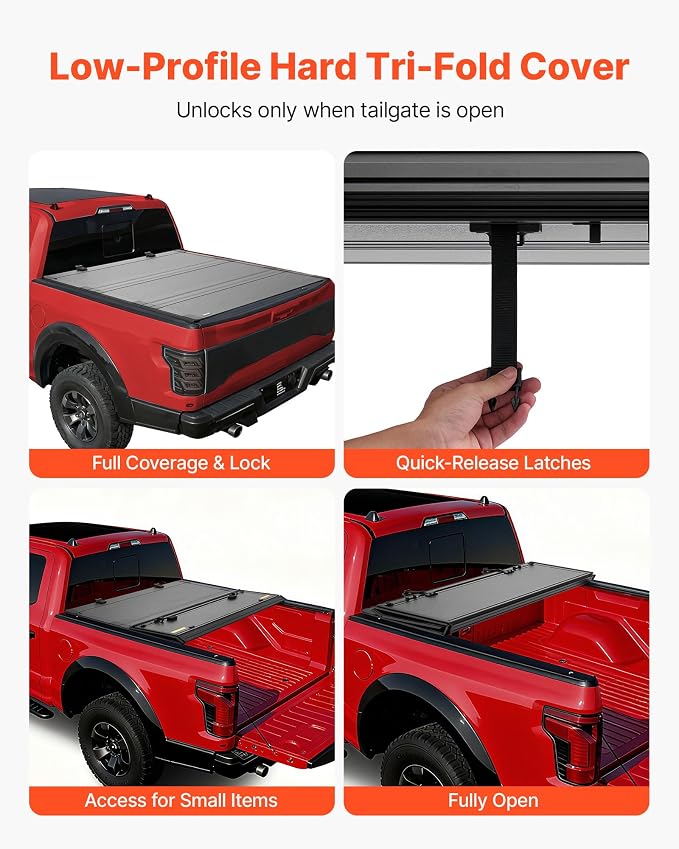 VEVOR Hard Tri-Fold Truck Bed Tonneau Cover, Compatible with 2022-2025 Ford Maverick 4.6 ft (54.4 in) Bed, Heavy-Duty Waterproof Low-Profile Hard Folding Truck Cover with Aluminum Alloy Support Bar