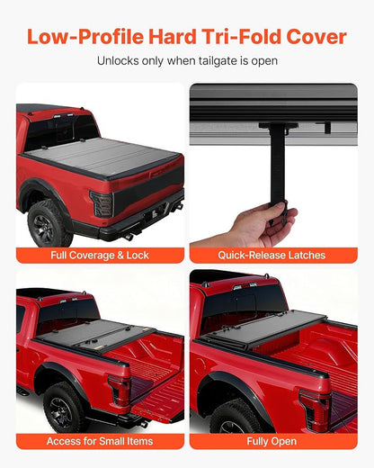 VEVOR Hard Tri-Fold Truck Bed Tonneau Cover, Compatible with 2022-2025 Ford Maverick 4.6 ft (54.4 in) Bed, Heavy-Duty Waterproof Low-Profile Hard Folding Truck Cover with Aluminum Alloy Support Bar