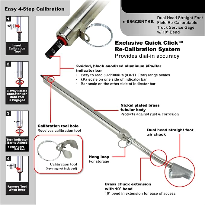 Milton Straight Foot Dual Head Tire Pressure Guage with a Bent Extention, Recalibratable, 80-1,100 kPa, Truck, Tractor Trailer, Semi Truck, Dually, RV & Car, S-986CBNTKB