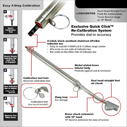 Milton Straight Foot Dual Head Tire Pressure Guage with a Bent Extention, Recalibratable, 80-1,100 kPa, Truck, Tractor Trailer, Semi Truck, Dually, RV & Car, S-986CBNTKB
