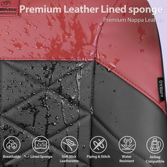 CAR PASS Memory Foam Leather Front Seat Covers, Breathable Perforated Nappa Leather Seat Covers Universal Fit for Cars,SUV,Truck Seat Covers Thick 3D Foam Comfort, Airbag Compatible Black Burgundy Red