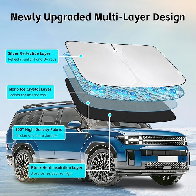 Windshield Sun Shade for Hyundai Santa Fe 2024 2025 2026 Sunshade 300T Windshield Cover Protector Blocks UV Rays Custom Fit Front Window Shades Windshield Accessories Keep Cool Foldable