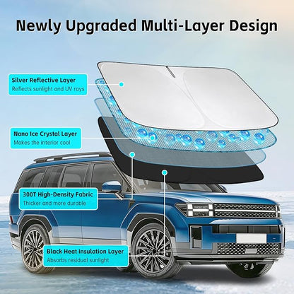 Windshield Sun Shade for Hyundai Santa Fe 2024 2025 2026 Sunshade 300T Windshield Cover Protector Blocks UV Rays Custom Fit Front Window Shades Windshield Accessories Keep Cool Foldable