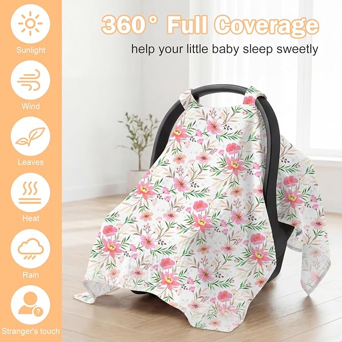 Baby Car Seat Cover - 100% Muslin Cotton Universal Breathable Canopies for Boys and Girls Soft Spring Summer Car Seat Cover Lightweight Infant Car Seat Canopy - Pink Floral