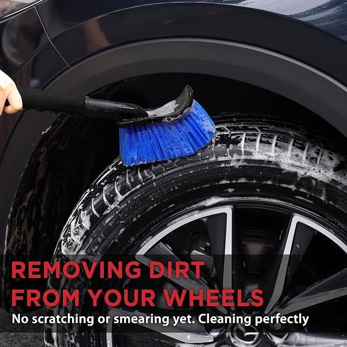 TAKAVU 17.5" Wheel Tire Body Brush Stiff Bristle - Gentle Car Wash Brush Long Handle for Safe Tire Sidewall & Wheel Cleaning - Scratch - Free Automotive Tool (Blue)