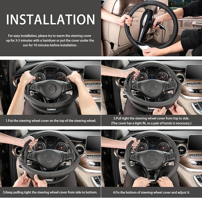COFIT Breathable Car Steering Wheel Cover 16 inch Auto Universal Leather Wrap Non-Slip Steeringwheel Protector Automotive Interior Accessories, Black (Suit for 15 1/2-16 inch)