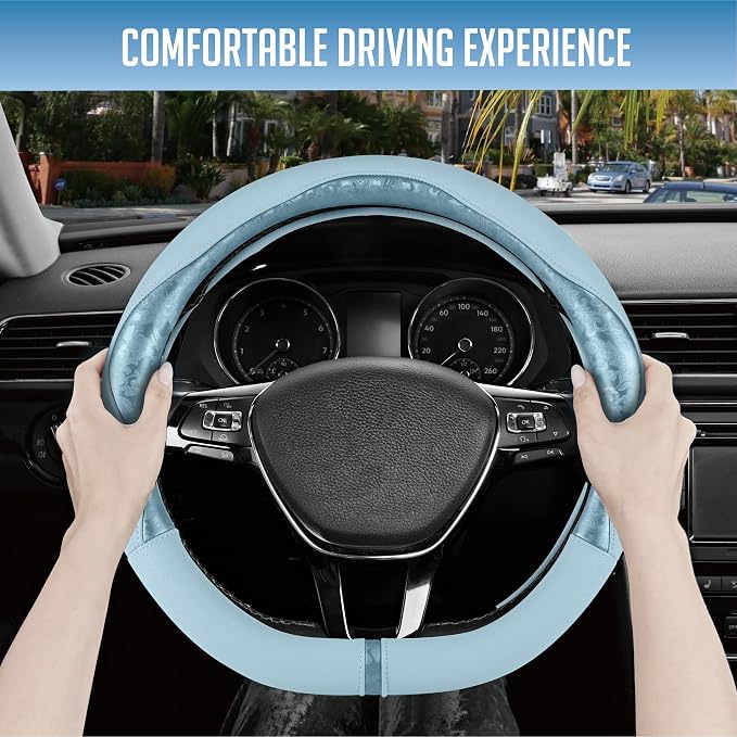 PIC AUTO Steering Wheel Cover, Light Blue Patterned Leather Patchwork Design, Universal Fit 14.5"–15.5" D-Shape Steering Cover, Soft PU Grain Leather, Durable Grip Car Accessory for Girls & Women