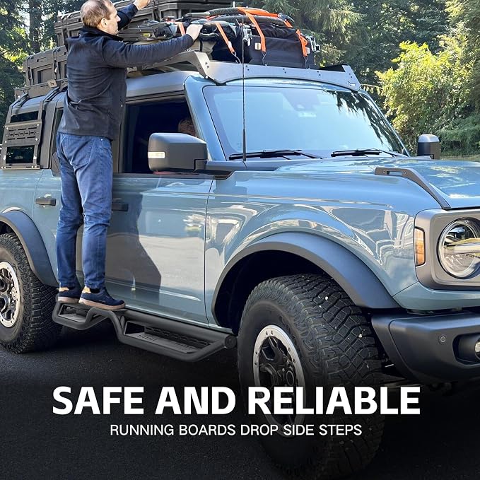 Running Boards Compatible with 2021-2026 Ford Bronco 4 Doors (Not for Sport Model), Heavy-Duty Steel Nerf Bars Two Stairs Design Side Steps Bolt-on Step Plates Rock Sliders Rail