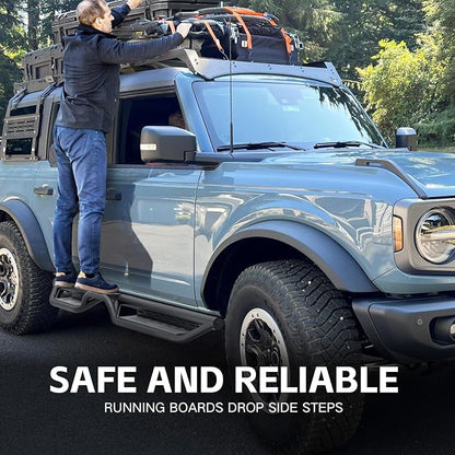 Running Boards Compatible with 2021-2026 Ford Bronco 4 Doors (Not for Sport Model), Heavy-Duty Steel Nerf Bars Two Stairs Design Side Steps Bolt-on Step Plates Rock Sliders Rail