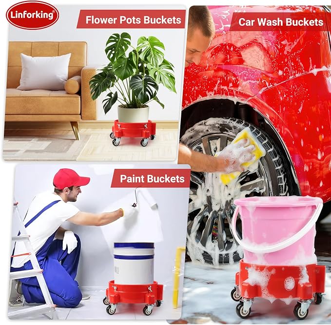 Bucket Dolly 5 Gallon with Wheels,360°Rolling Car Wash Buckets Dolly for 2.5 to 5 Gallon Buckets with Bucket Insert,Cleaning Brush,Supports Up to 300 lbs